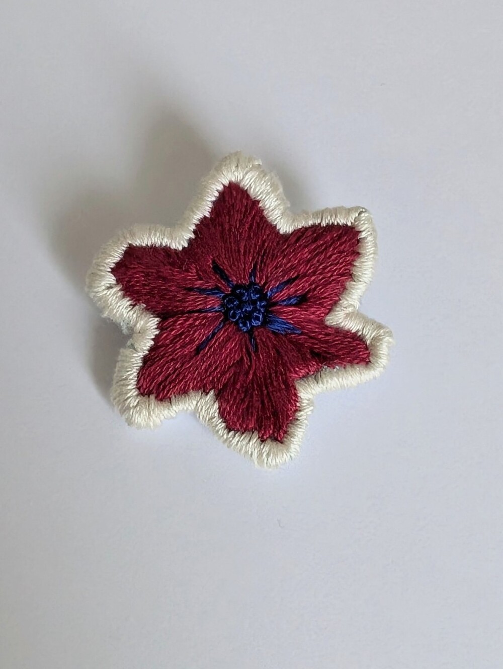Hand Embroidered Cotton Red Blue Flower Handmade Brooch Pin